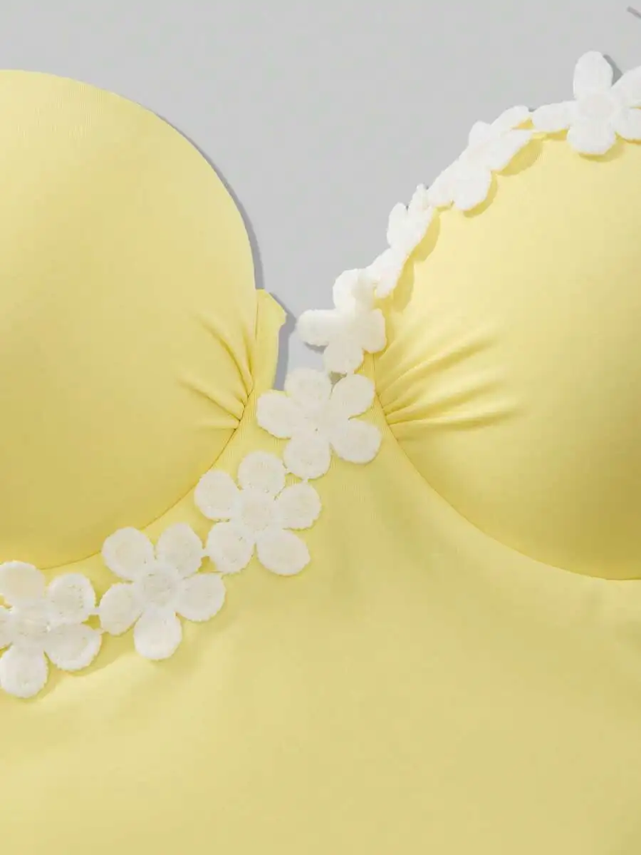 Yellow Floral One-Piece Push Up Swimsuit For Women Beach Vacation Resort Wear