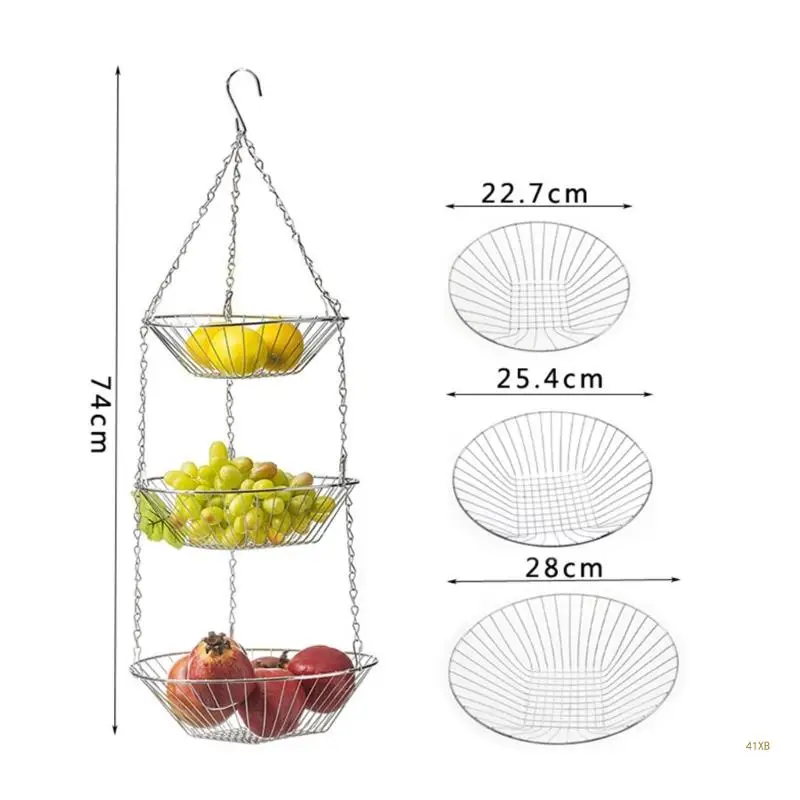 41XB 3 Tiers Fruit Basket Kitchen Storage Basket Chain Hanging Space Saving with Hook