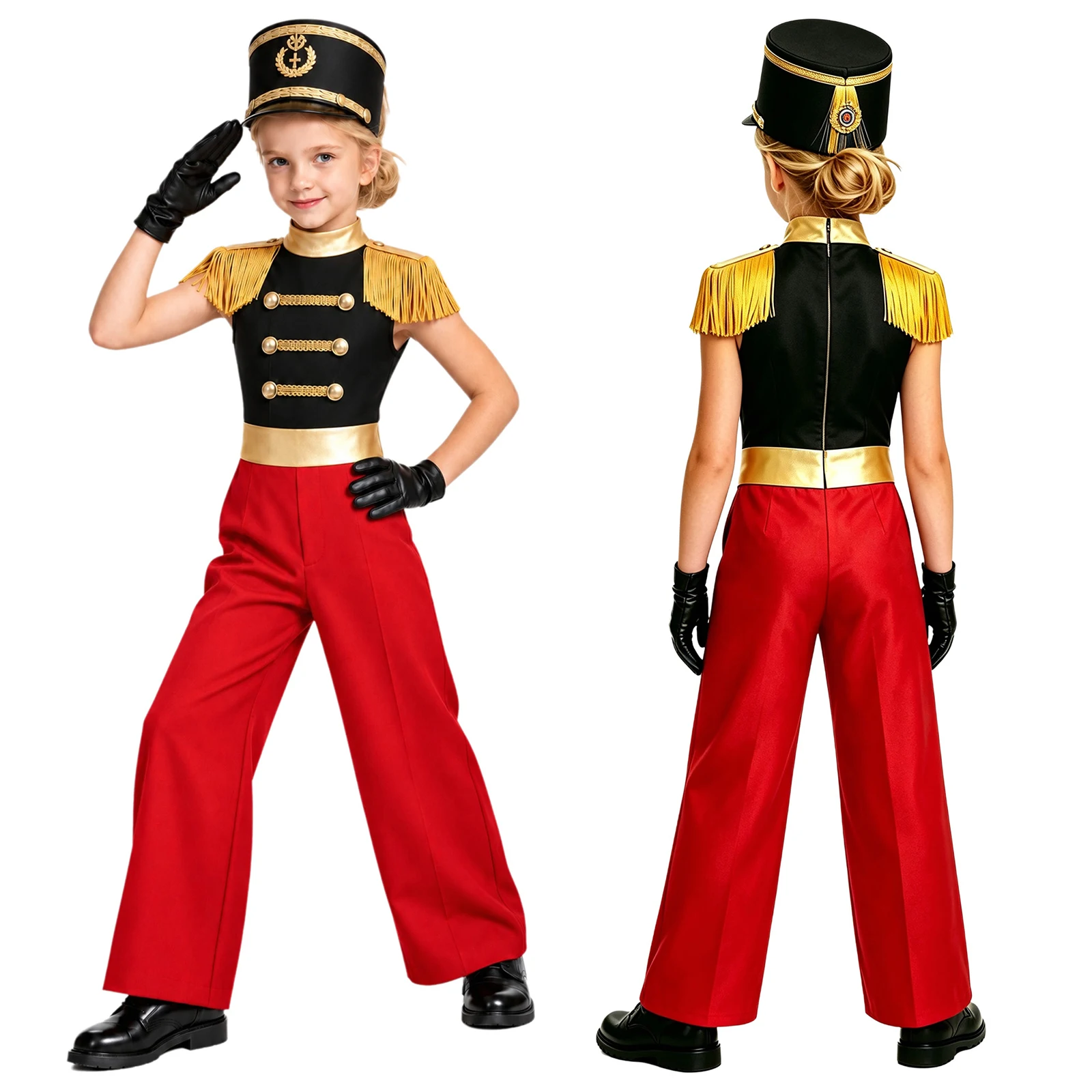Disfraz de baterista para banda de música, fiesta de Halloween, circo, cosplay, desfile de guardia de honor, mono de pierna ancha con flecos y epauletas sin mangas.