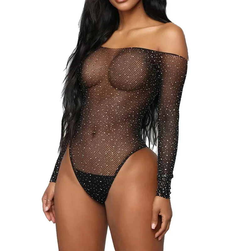 Women Sexy Lace Fishnet Rhinestone Lingerie Bodysuit Swimsuit Jumpsuit Point Drill Starry Net Uniform Temptation