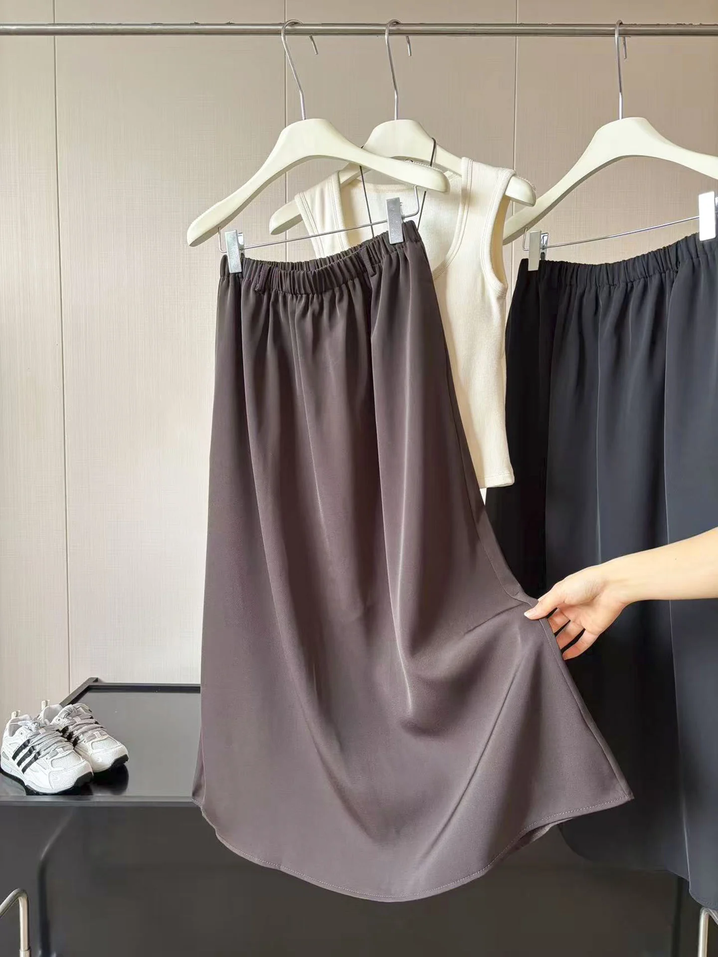 High Waist A-Line Skirt Women's OL Style Draped Straight Korean Folded Autumn Commuting Midi Skirt Standard Fit Polyester