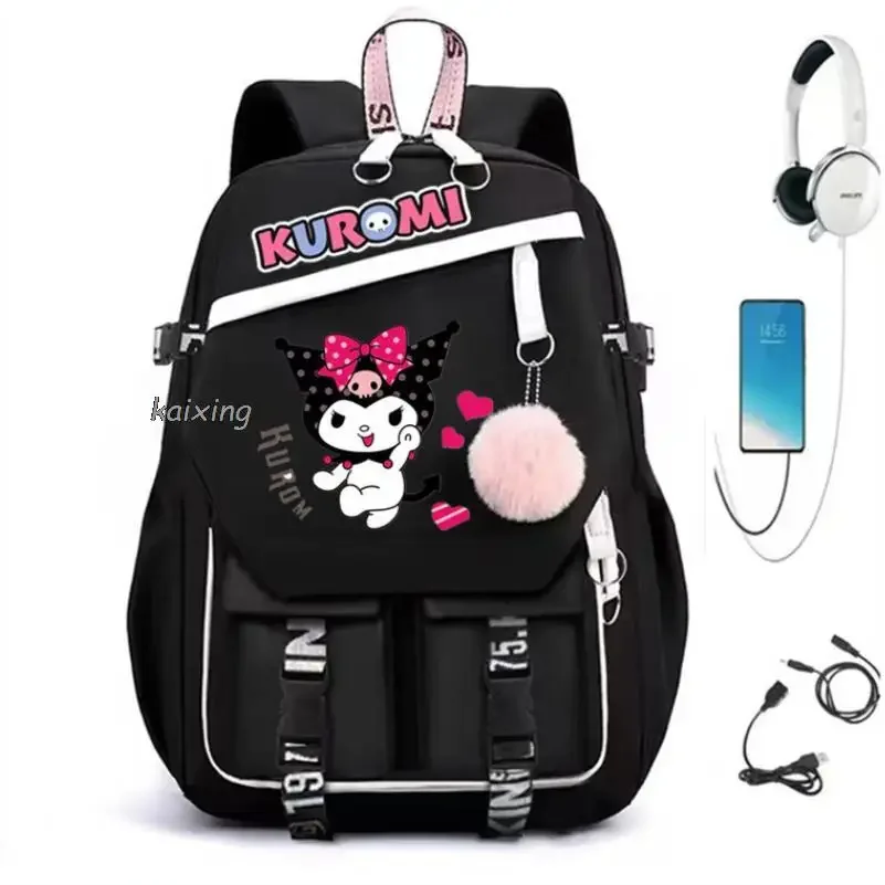 USB Girls Backpack Melody School Book Bags Kuromi Teen Women Men Travel Bags Laptop Headphone Port Mochila Gift