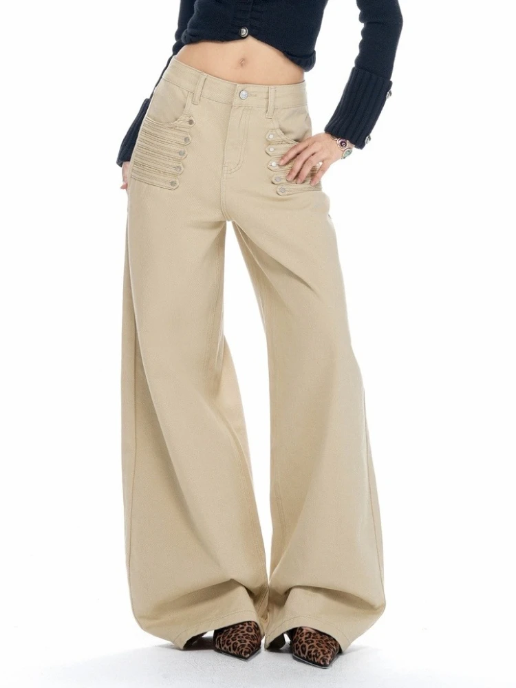 Women 2026 Autumn New Khaki American Style High Waist Multi Pockets Loose Jeans Casual Versatile Denim Long Trousers Streetwear