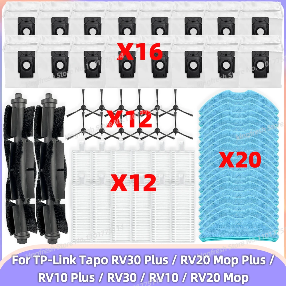 Compatível com  TP-Link Tapo RV30 Plus / RV20 Mop Plus / RV10 Plus / RV30 / RV10 / RV20 Mop Peças de aspirador Rolo principal Escova lateral Filtro Pano de esfregão Saco de pó
