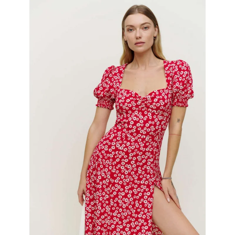 Vestido largo con dobladillo para mujer, cuello cuadrado, manga corta, farol, abertura estampada, nuevo