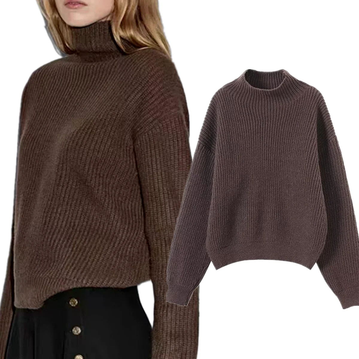 

Maxdutti зимний свитер с высоким воротником, скандинавский минималистичный коричневый пуловер, топы, женский свитер, трикотаж, женская одежда, женская одежда