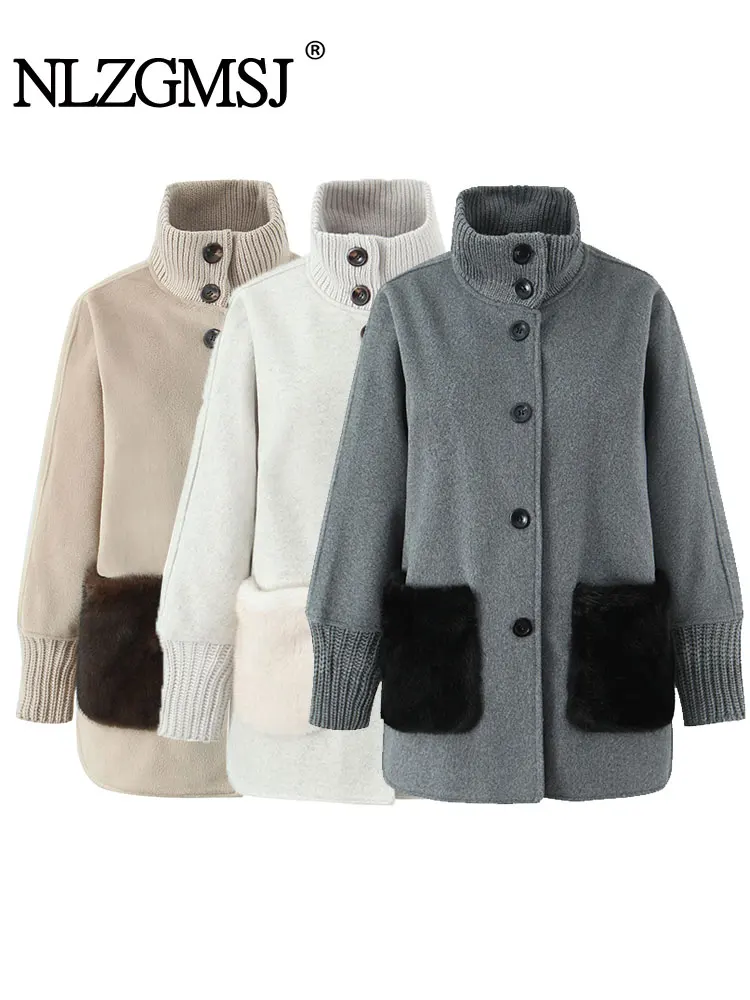 

Nlzgmsj 2025 Winter New Women's Fashion Stand Collar Long-Sleeve Faux Fur Pocket Jacket Casual Fashion Office Lady Outerwears
