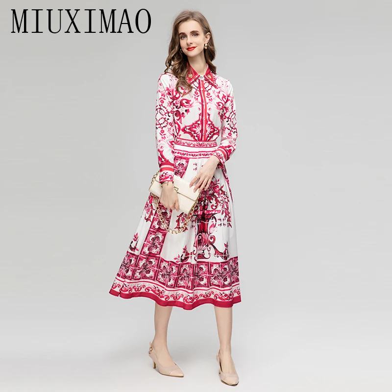 

MIUXIMAO 2023 Women Set Italian Sicilian style Long Sleeve Print Slim Waist Two Piece Suit Fashion Elegant Women Dress Suit