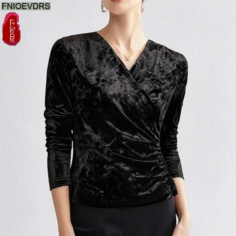 Zwart Paars Fluwelen Tops Blouses Nieuwe Mode Vrouw Herfst Lange Mouw Elegant Office Lady V-hals Effen Bling Gedrapeerde Basic Shirts