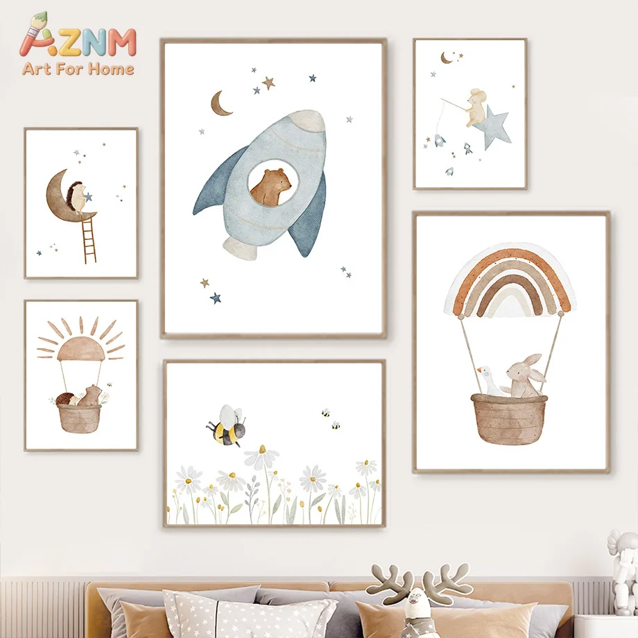 Watercolor Animal Space Nursery Wall Art Set Bear Rocket Rabbit Rainbow Hot Air Balloon Canvas Poster Baby Boy Bedroom Decor