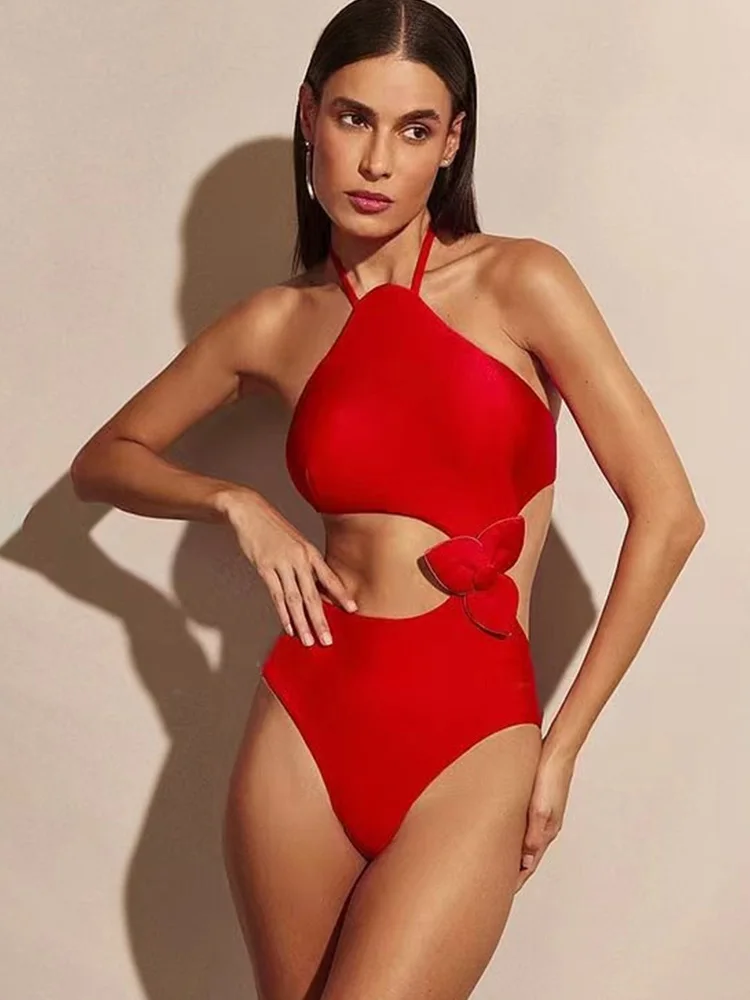 Miyouj Bandage Swimsuits Women's Swimwear Floral Swimsuit Hollow Out Bath Suits High Cut One Piece Suit Solid Color Bodysuits