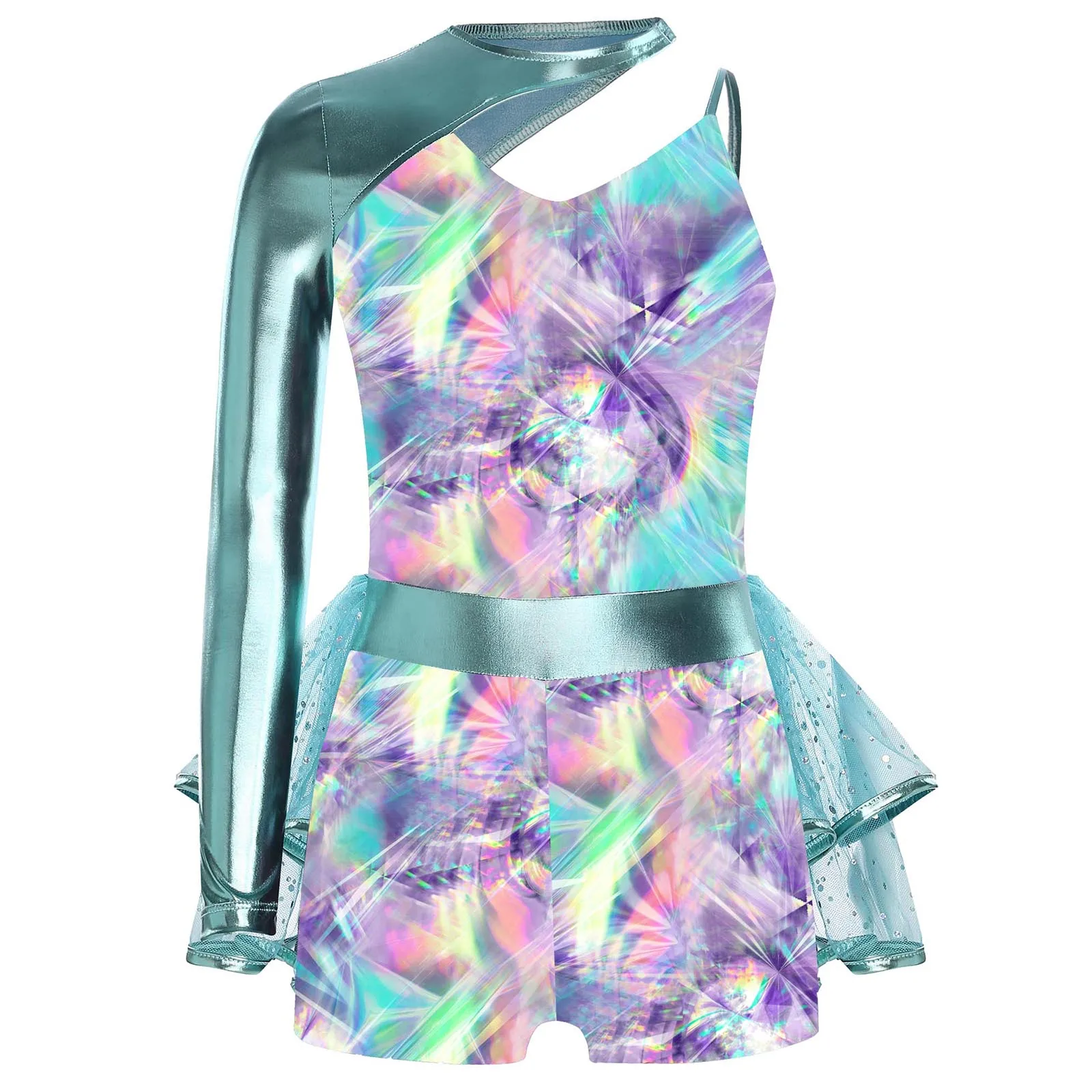 Crianças meninas ballet figura patinação no gelo dança collant vibrante impressão lantejoulas malha atlético yoga bodysuit ginástica dança macacão