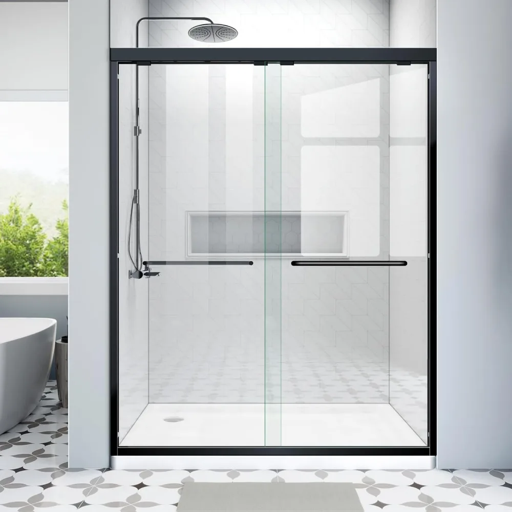 

Shower Doors Glass Sliding 60 inches,56-60'' W x 72''H Matte Black Semi Frameless Bathroom Door,Double Sliding Shower Screen