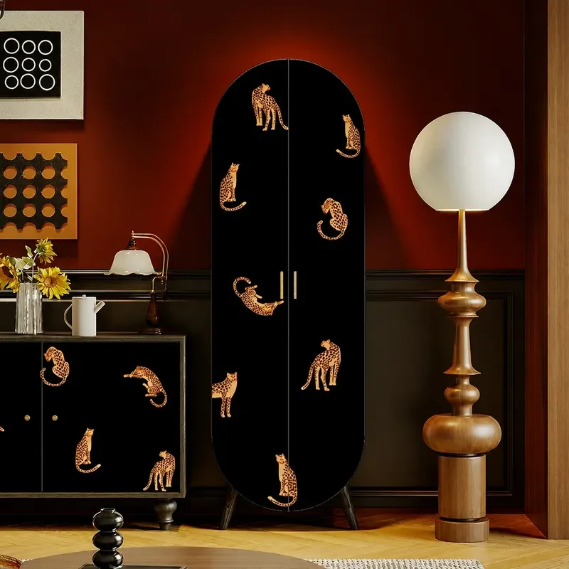 Cream Leopard Print Solid Wood Wine Cabinet Bedroom Bedside Decorative Storage Unit Living Room Corner Integrated Household