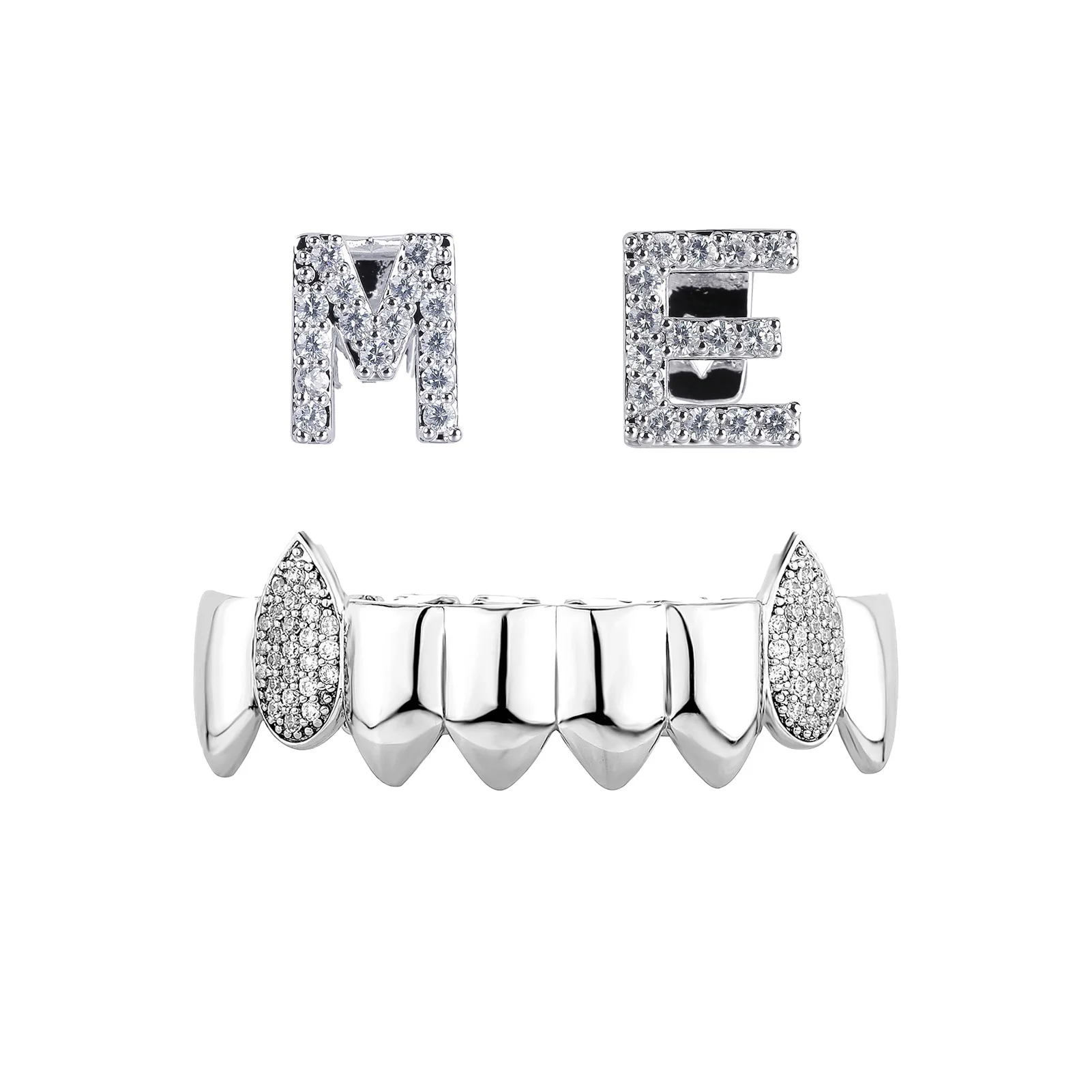 Hip Hop Cross Letter Fangs Teeth Grillz Set Iced Out CZ Single Bottom Row Rapper Nightclub Party Mouth Jewelry Wholesale