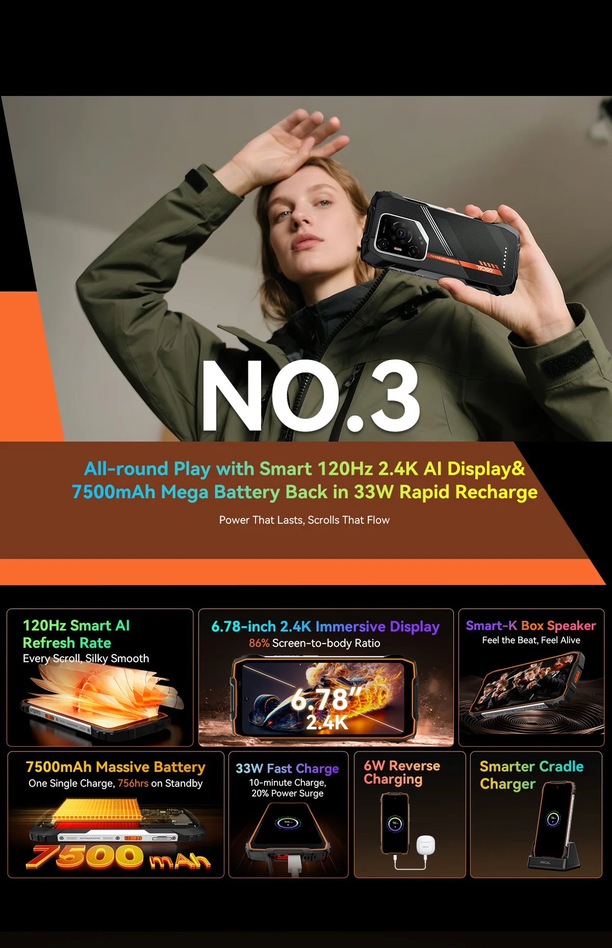 2025 Blackview OSCAL PILOT 3 Rugged Phone MTK 6300 12GB+256GB Telephone Portable 6.78" FHD+2.4K Display 120H Smartphone Android