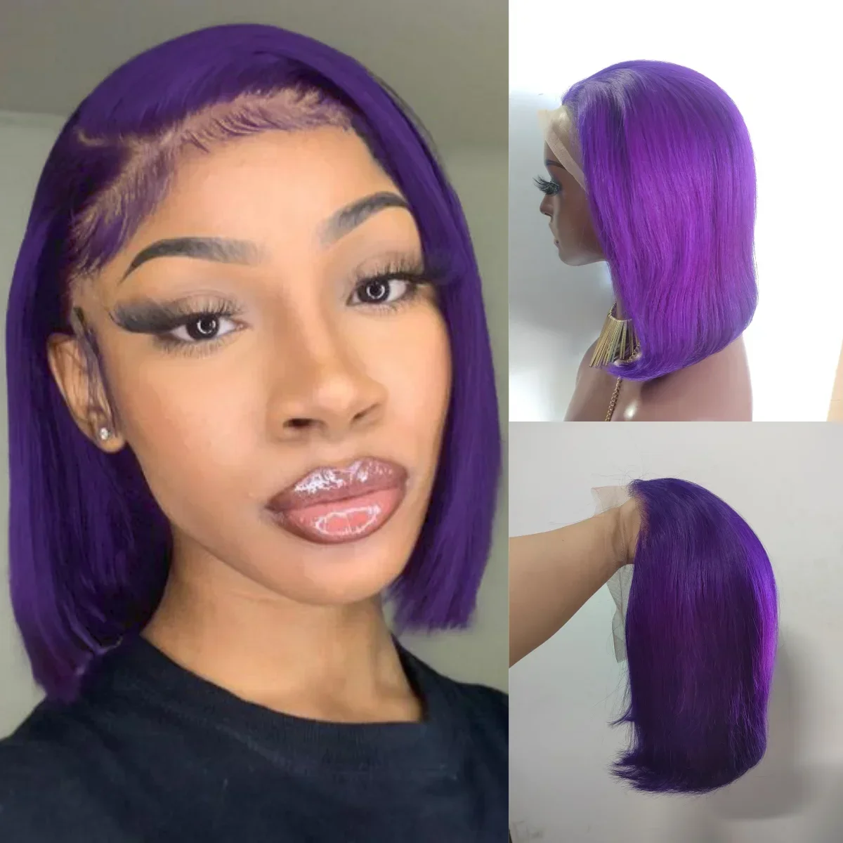 Hot Sale Dark Purple Short Bob Human Hair Wig Transparent 13x4 Lace Front Glueless Wig 2026 Cosplay Good Quality Fashion Beauty
