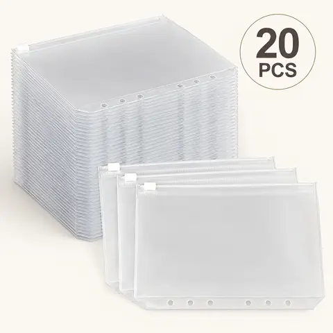 7/12/20pcs Frosted Zipper Binder Pockets,6-Hole PVC Envelopes,Budget Binder Storage Bags for Receipts,Cards,Coupons,Stickers