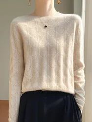 2024 Spring and Autumn New 100% Merino Wool O-neck Loose Women's Hollow Knitwear Fashion Korean bottoming shirt