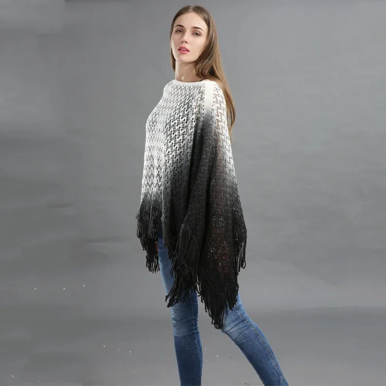 Spring Autumn New Double-layer Irregular Shawl Hollowed Out Tassel Lattice Cloak Versatile Loose Pullover Poncho Black