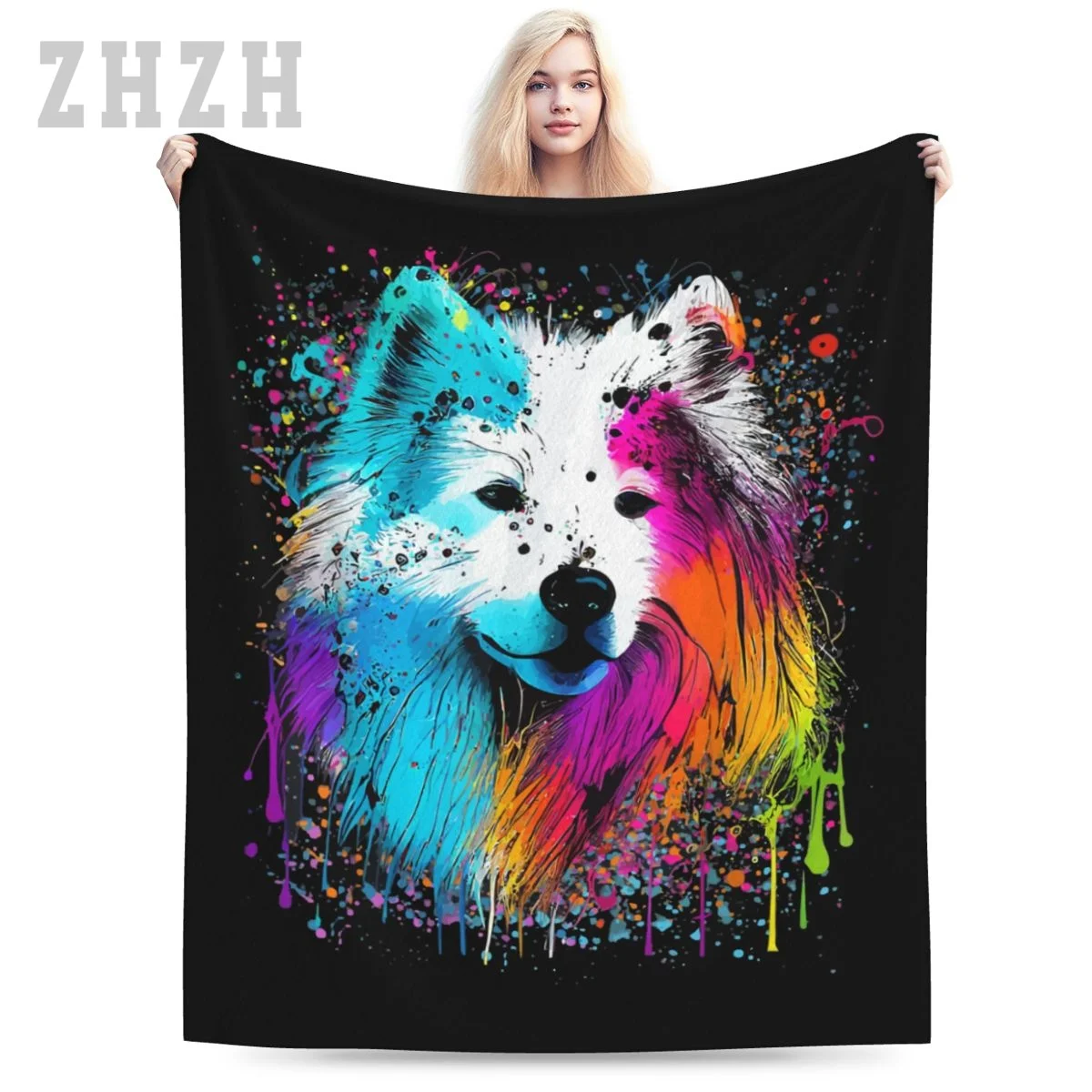 Blanket Colorful Splash Art Samoyed Portrait Puppy Owner Flannel Multifunction Outdoor Camping Sofa Cover Keep Warm