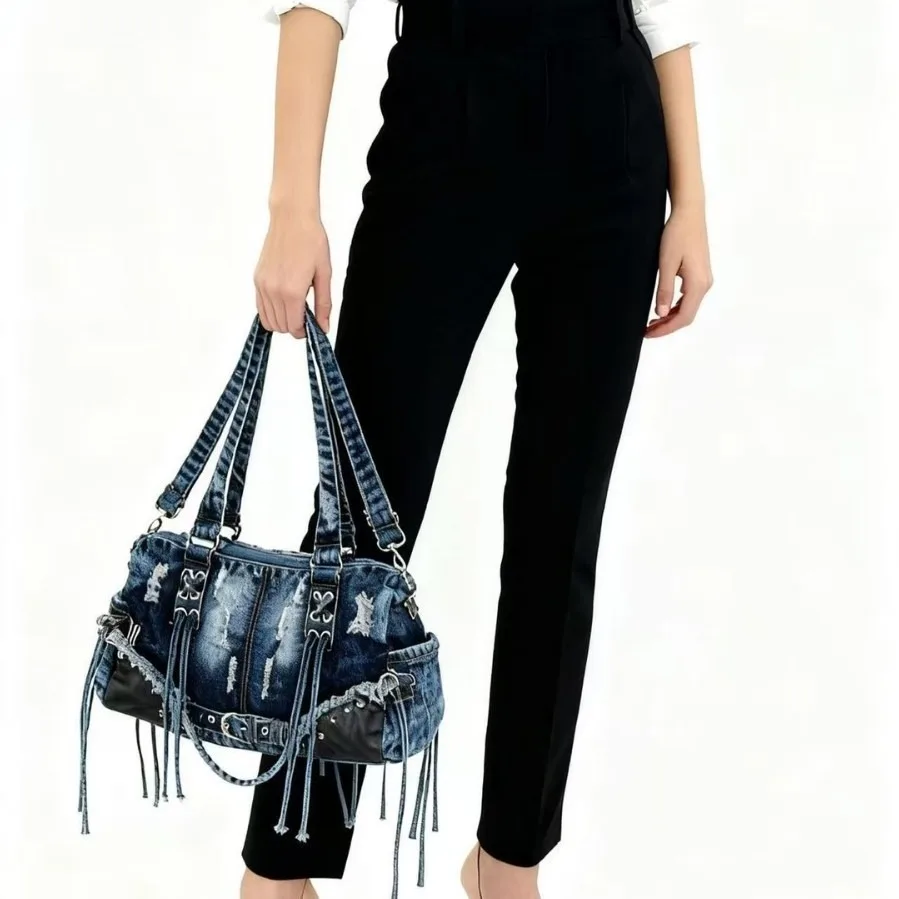 Denim tie-dye women handbag Large capacity Jeans Tassel female Shoulder Bag Travel big totes Fashion rivet Ladies crossbody bag