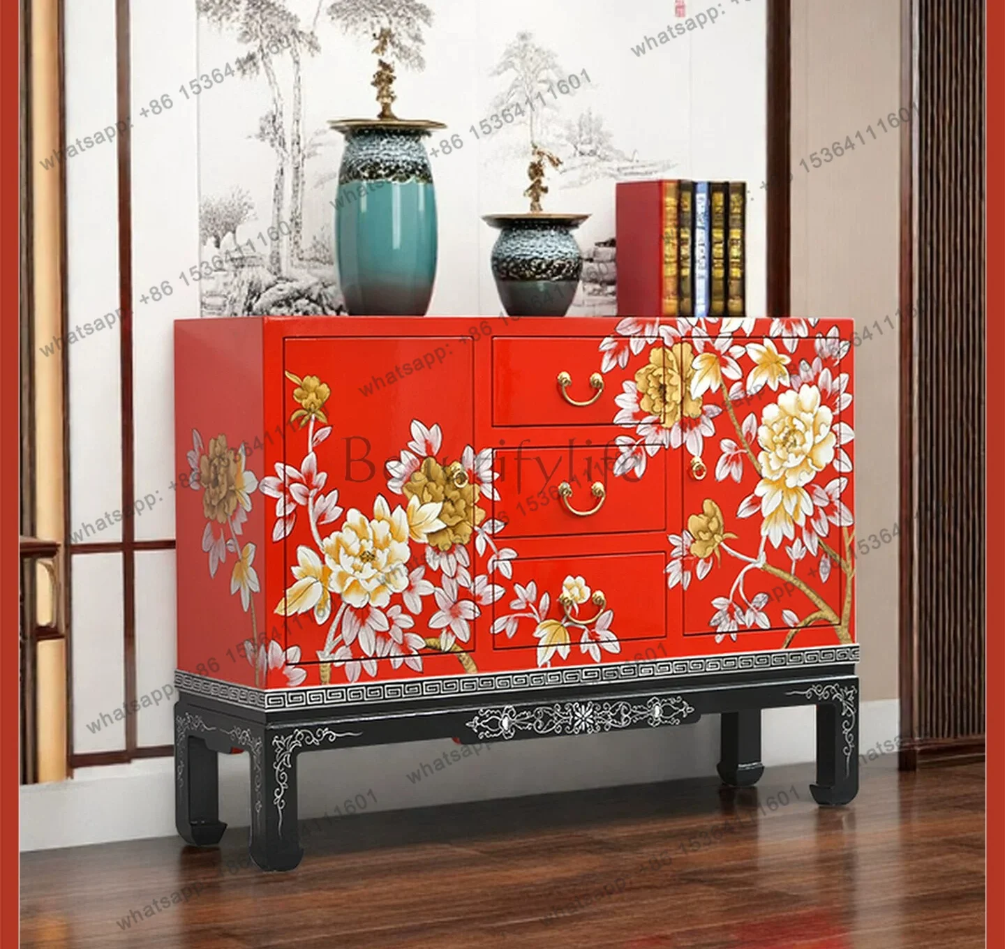 New Chinese screen partition cabinet foyer decoration painted side cabinet