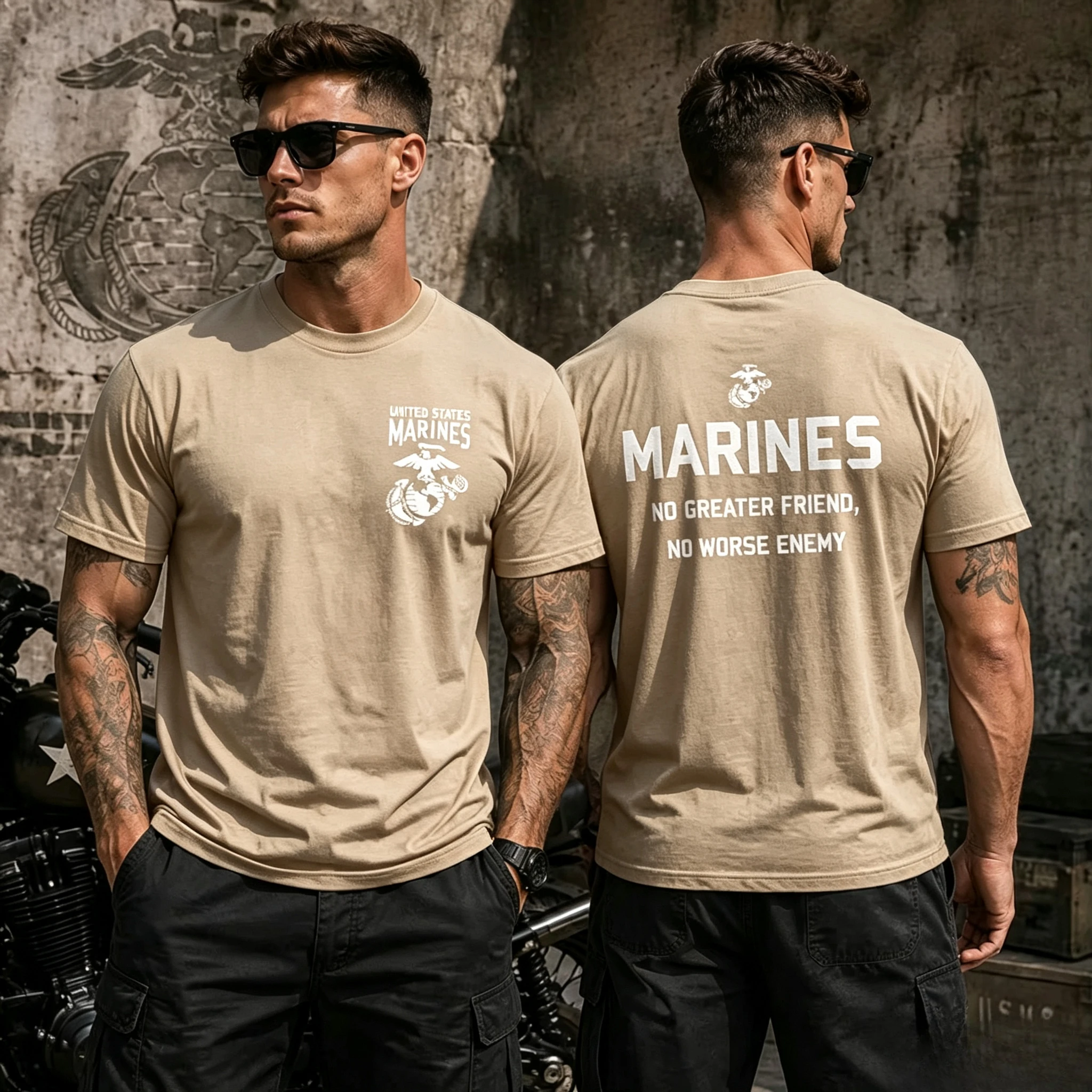 Family Matching T‑Shirt Black Marines Eagle Globe Anchor Badge Front & Back Print Military Slogan Tactical Graphic Sleeve Tee