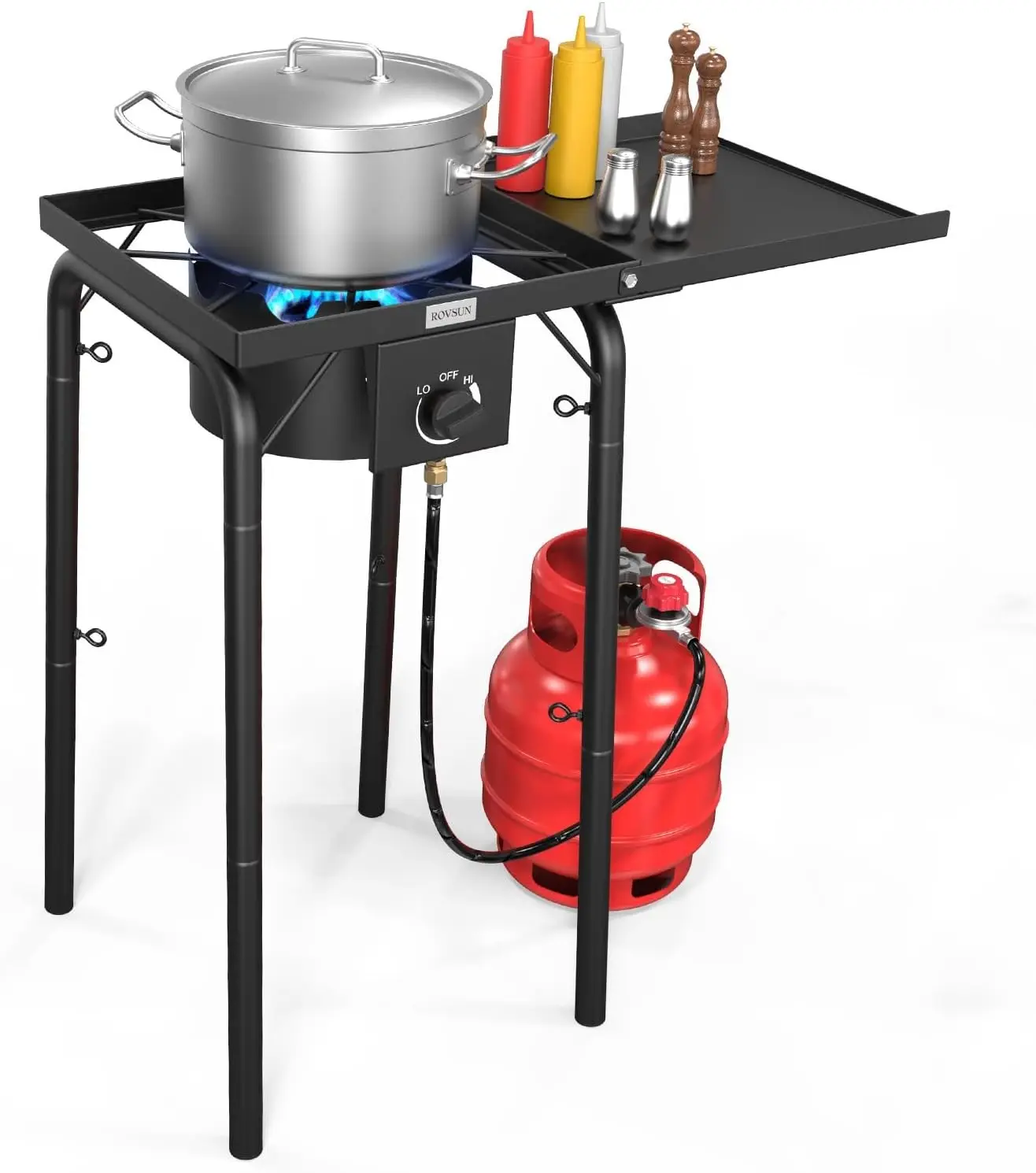 

Single Burner Gas Stove with Side Shelf, 100,000BTU Portable Propane Stove with Removable Leg & Regulator for Camping Home