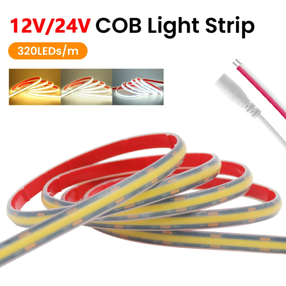 

IP68 Waterproof COB LED Strip Light 12V 24V 3000K 4000K 6000K 2PIN Wire/DC Plug 320LEDs/M Black PCB Flexible Tape Kitchen Decor