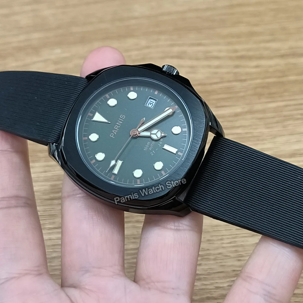Parnis 39mm relógio de pulso masculino miyota8215 relógio mecânico automático luminoso caixa preta marcas mostrador verde com pulseira de couro