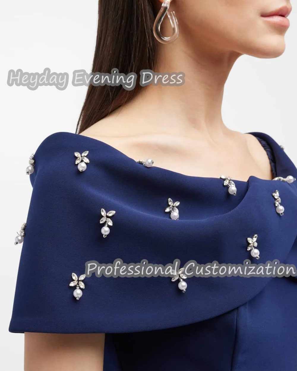 Heyday Off-the-shoulder Saudi Arabia Short Sleeves Straight Prom Gown Crepe Beaded Floor Length Elegant Dress For Women 2024