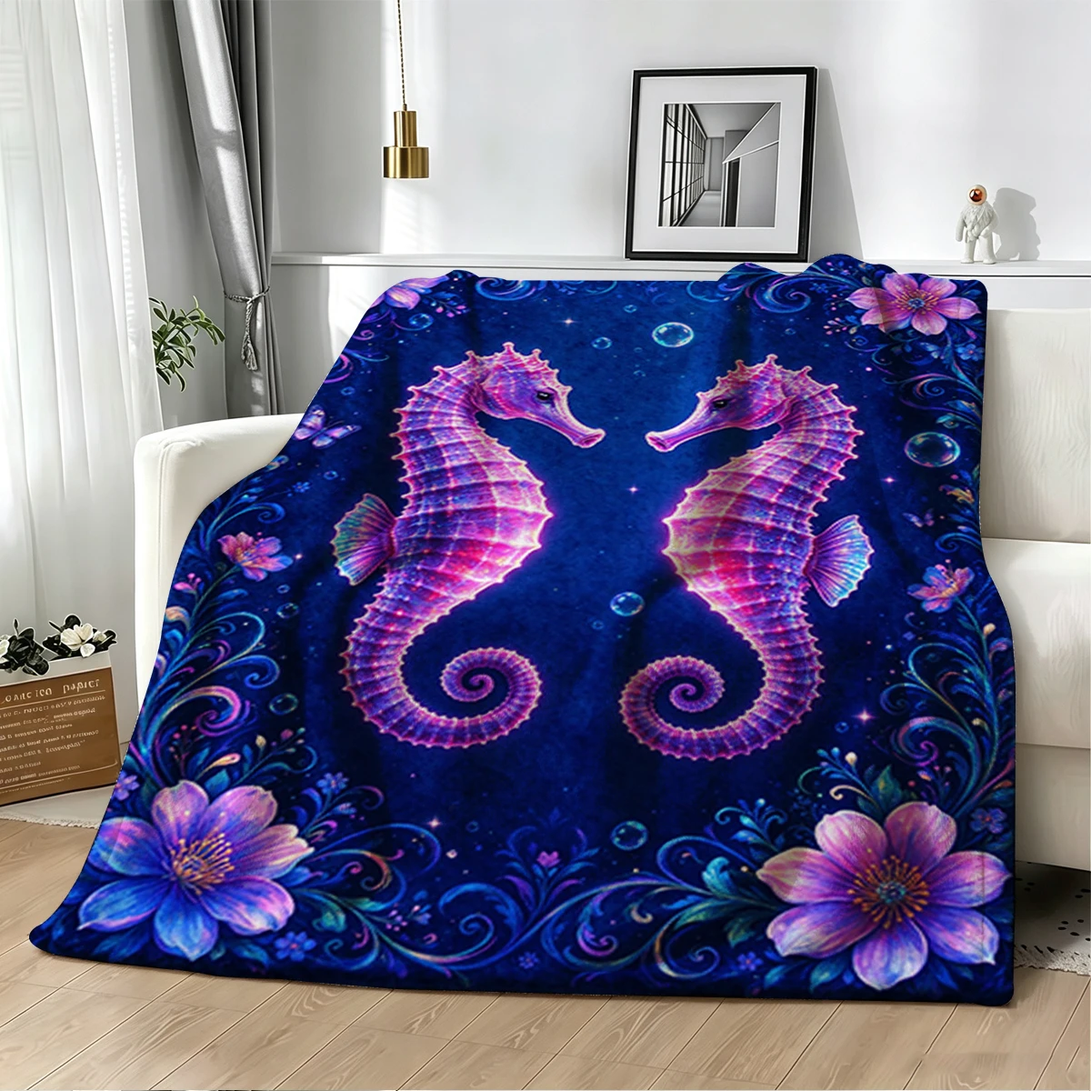 Neon Blue Green Seahorse Flannel Blanket Warm Soft Halloween Christmas Decorative Couch Warm Cozy All-Season Gift - view 3