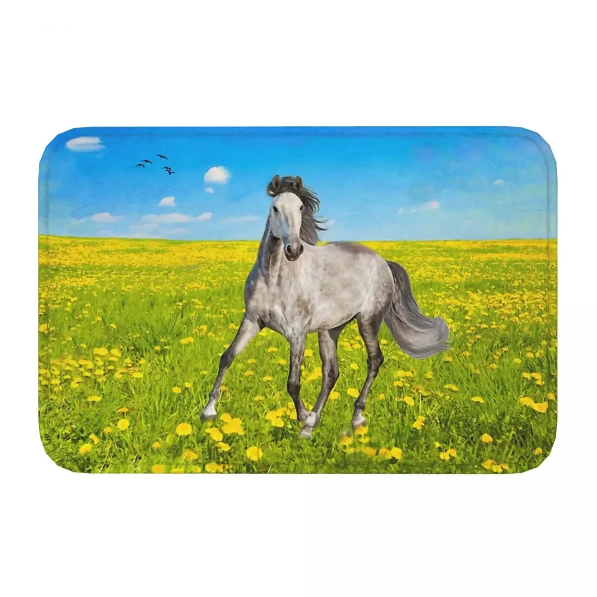 Galloping Horse Running Non-slip Rug Doormat Bath Mat Dapple Gray Spring Field Floor Carpet Bedroom Decor