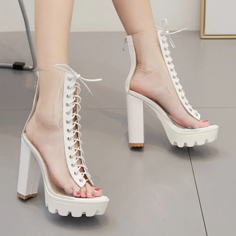 Sexy Transparent PVC Summer Women Lace-Up Peep Toe Boots 2024 White Clear Ladies Zipper Fashion Platform Thick Heel Shoes Party