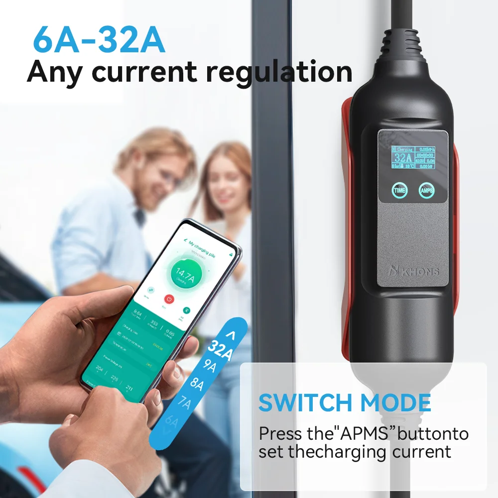 Khons Portable EV Charger 11KW Type2 EV Wallbox 16A Wi-Fi APP Bluetooth Version EVSE Charging Cable TPU 5m For Electric Car