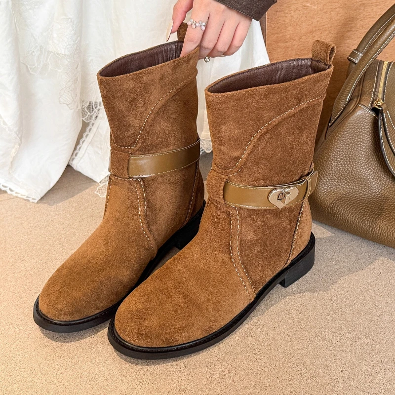 

Novelty Heart Belt Buckle Embellished Ankle Boots Women High Quality Suede Sewing Design Platform Boots Comfortable Women Shoes
