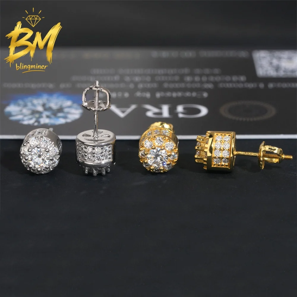 Blingminer 7.5mm Round S925 Silver VVS Moissanite Earrings For Men Women Ear Studs Jewelry Pass Diamonds Tester Free Shipping