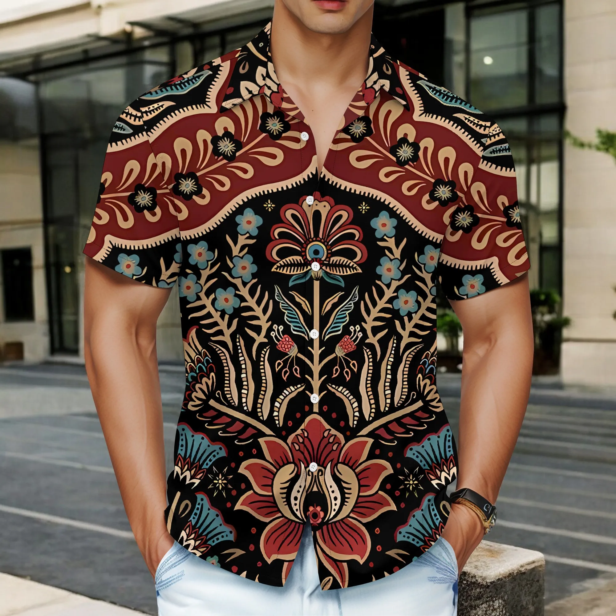 

YEAE Vintage Floral Symmetry Print Shirt for Men Summer Casual Short Sleeve Top