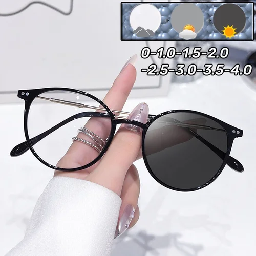 Gafas fotocromáticas ultraligeras para miopía para mujer, montura redonda, gafas que cambian de Color, gafas de moda para miopía, Anti-UV
