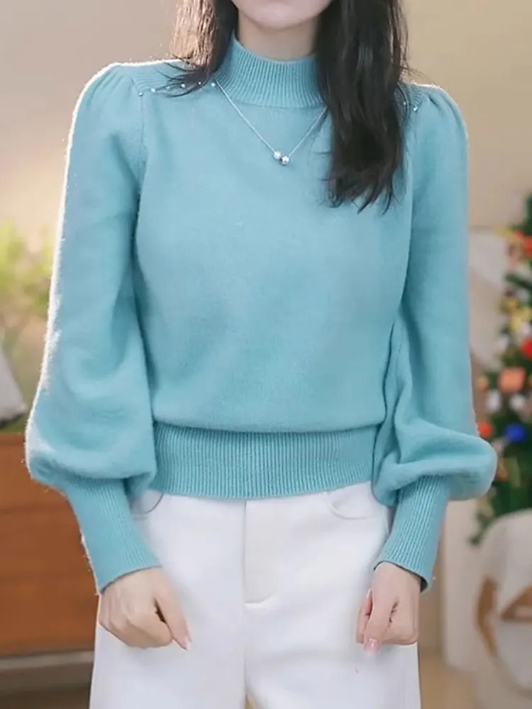 

Slimming Knitted Sweater with Pearl Embelliment f High Collar Long Sve Overhead Faionable Color Commute Comfo...