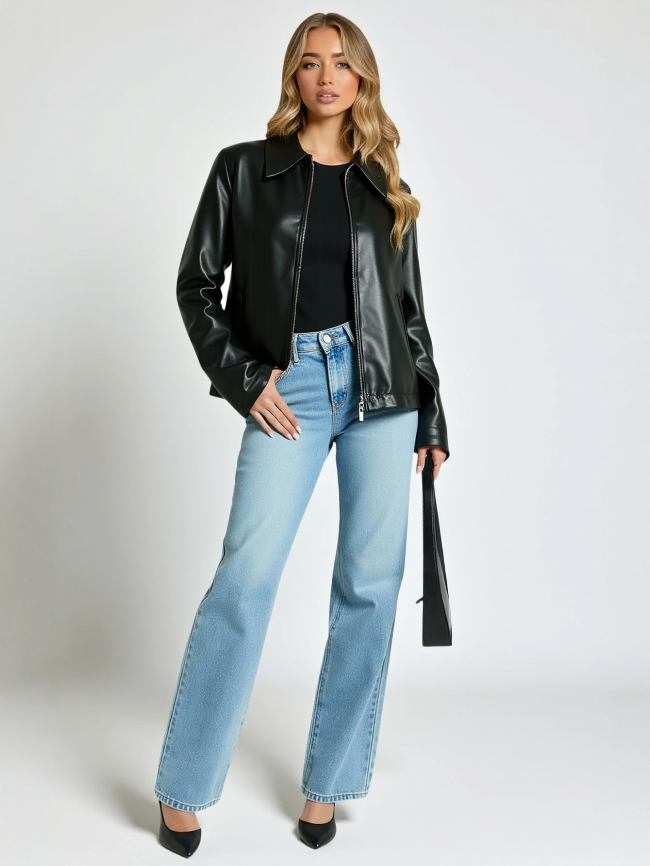 Chaqueta de cuero con cremallera y solapa retro para mujer Estilo casual 23218 Moda europea y americana para mujer