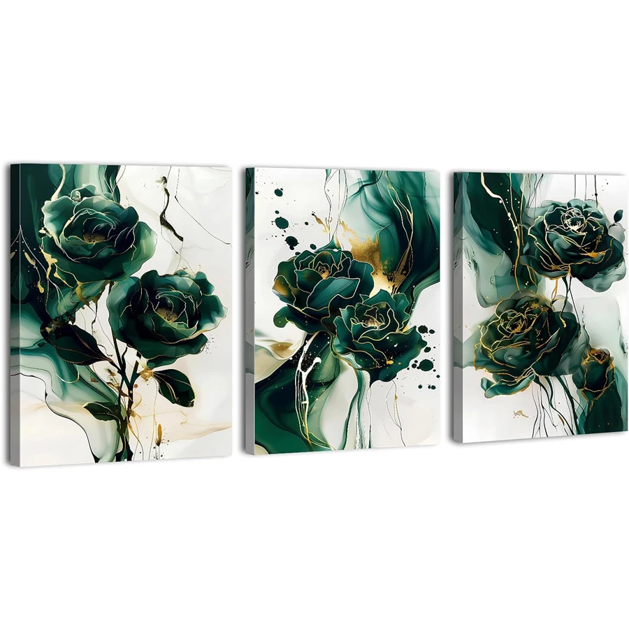 3 шт. Изумрудно-зеленая алмазная живопись триптих Зеленый и золотой Настенный декор Абстрактный цветок Настенное искусство Современное ботаническое искусство вышивки