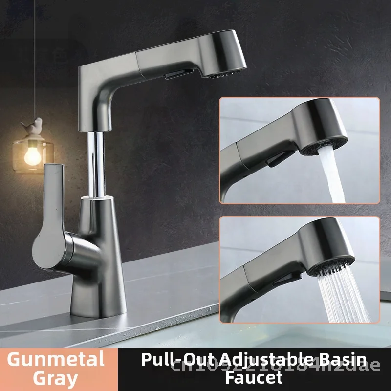 

Gun Gray Bathroom Pull-Out Faucet Copper Basin Multi-Function Lifting Hot And Cold Tap for Household Kitchen Sink