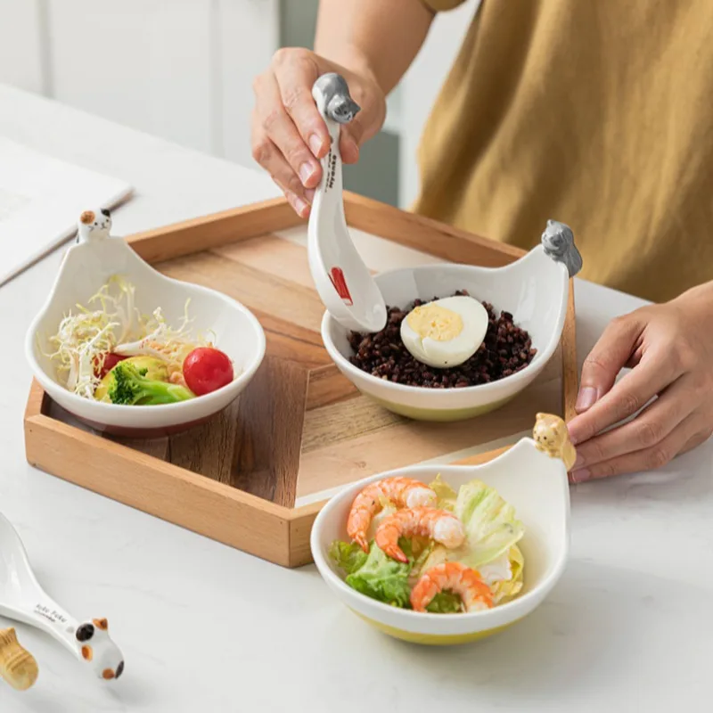 

Japanese Ceramic Salad Bowl 3D Creative Cartoon Cat Hot Pot Dipping Bowl Snacks Desserts Tableware Home Kitchen Supplies