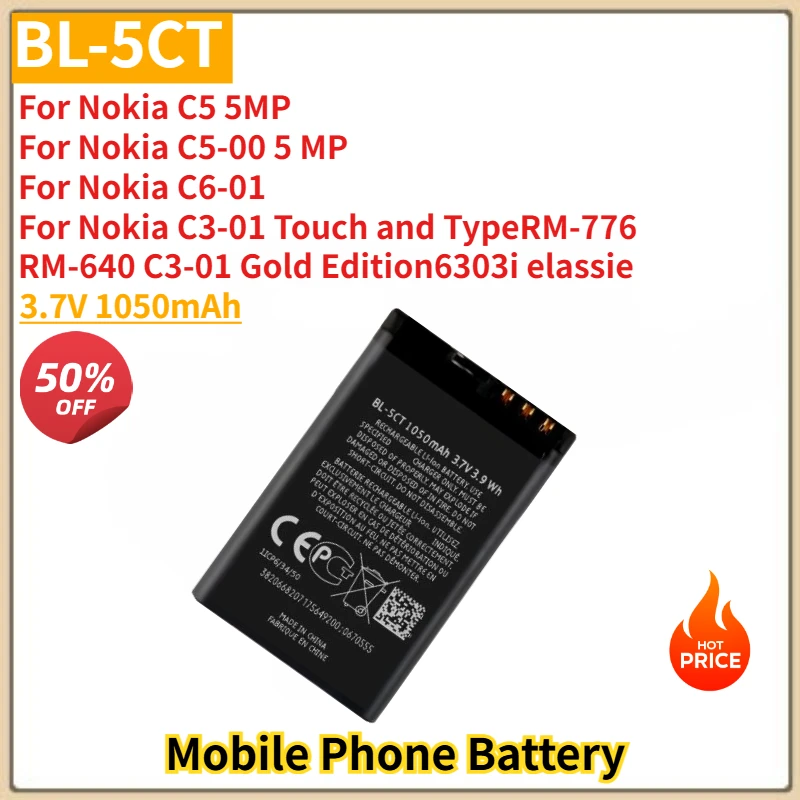 

BL-5CT BL 5CT BL5CT High Quality Phone Battery 3.7V 1050mAh for Nokia 6303C/6730C/C3-01 C5-00/C5-02 C6-01/5220XM/3720 Brand New
