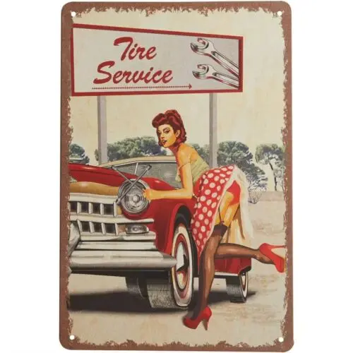 Vintage Pin-Up Girl Metal Tin Sign Retro Tire Service Garage Wall Art Decor