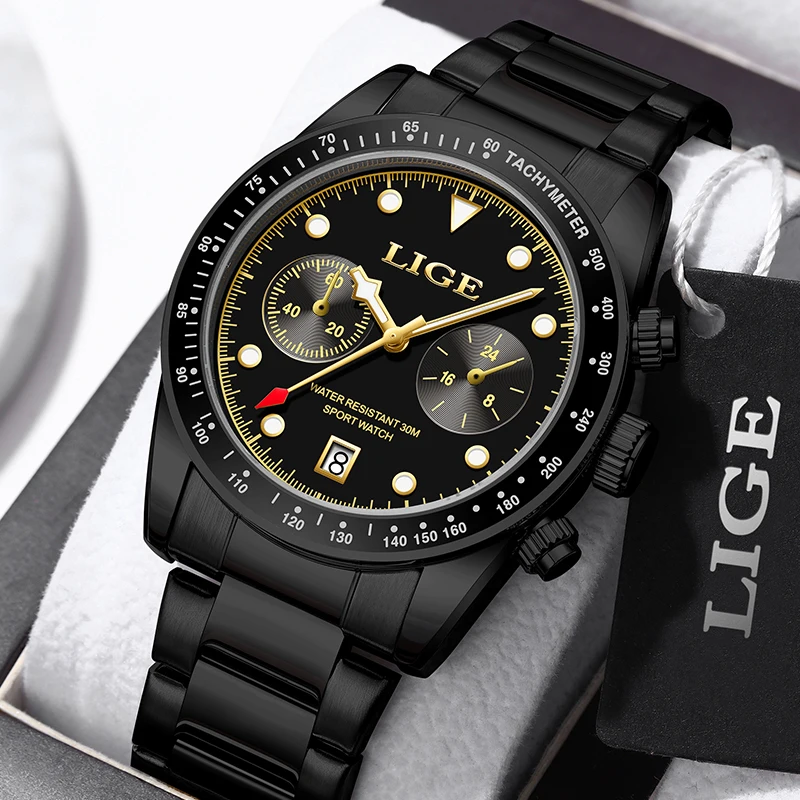 

LIGE New Quartz Watch Business Top Luxury Brand Black Watches Stainless Steel Waterproof Luminous Wristwatch Military Date Clock