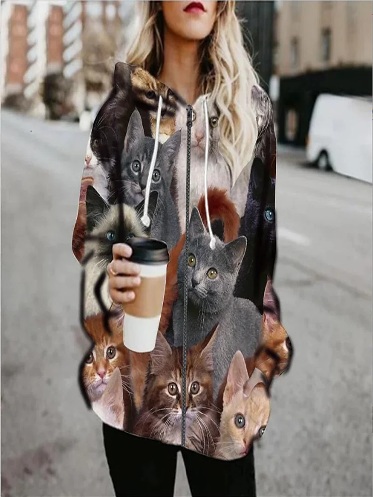 

Cat Pattern Casual Fashion Hoodie For Women 3D Printed Hoodie Cardigan Zipper Long Sleeve Hoodie Coat