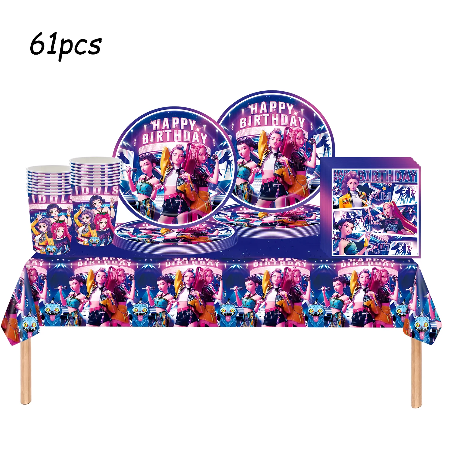 新しいK-POPデモンハンターズ漫画テーマの誕生日パーティーデコレーションセット、食器、カップ、プレート、紙製、女の子、ベビーシャワー用品
